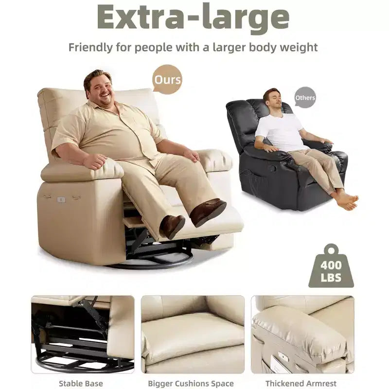 Oversized Rocker Swivel Recliner Chair, Faux PU Leather Manual Recliner with Comfort Arm and Back, Single Sofa Seat for Living Room, Bedroom