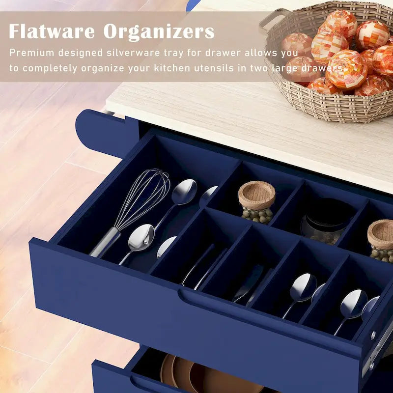 Rolling Kitchen Island Cart with 8 Handle-Free Drawers Rubberwood Top and Spice Rack