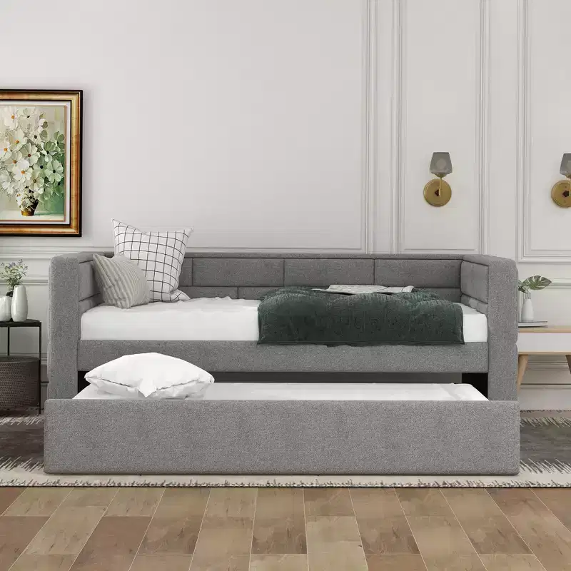 Twin Size Daybed with Trundle Bed and Padded Back, Gray-ModernLuxe