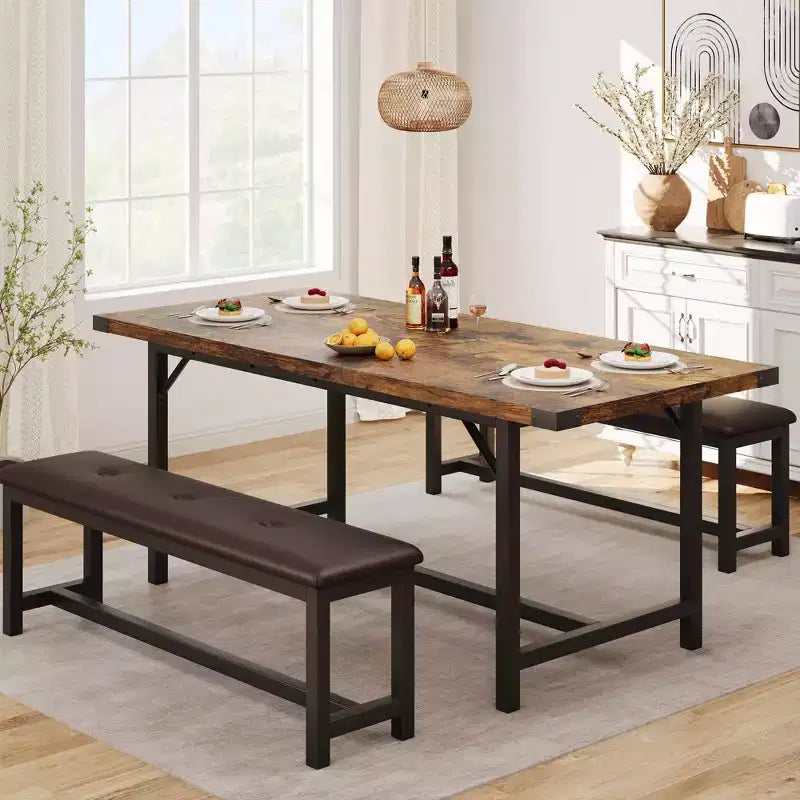 3-Piece Extendable Dining Table Set with 2 Upholstered Benches, Metal Frame Wood Dinette Set for 4C8 People, Small Space Kitchen