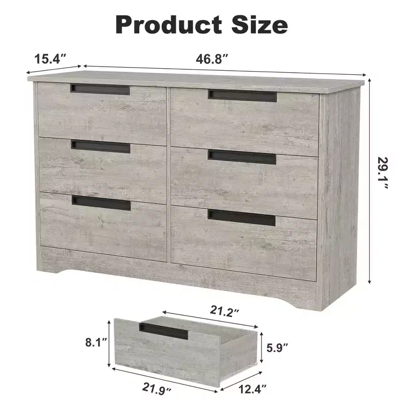 6 Drawer Dresser for Bedroom, Modern Double Dresser Organizer with Embedded Handles Design, Wooden Chest of Drawers for Living Room