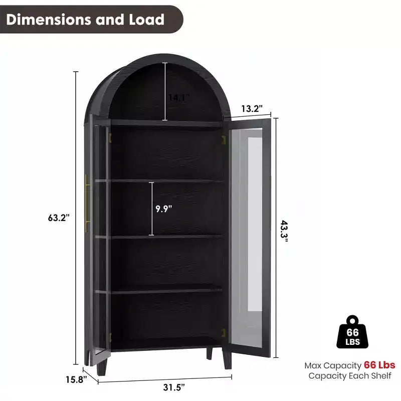 63 Tall Arched Kitchen Pantry Storage Cabinet with Glass Doors,5 Tier Modern Bookshelf w/ Adjustable Shelf,Farmhouse Wooden Storage Cabinet