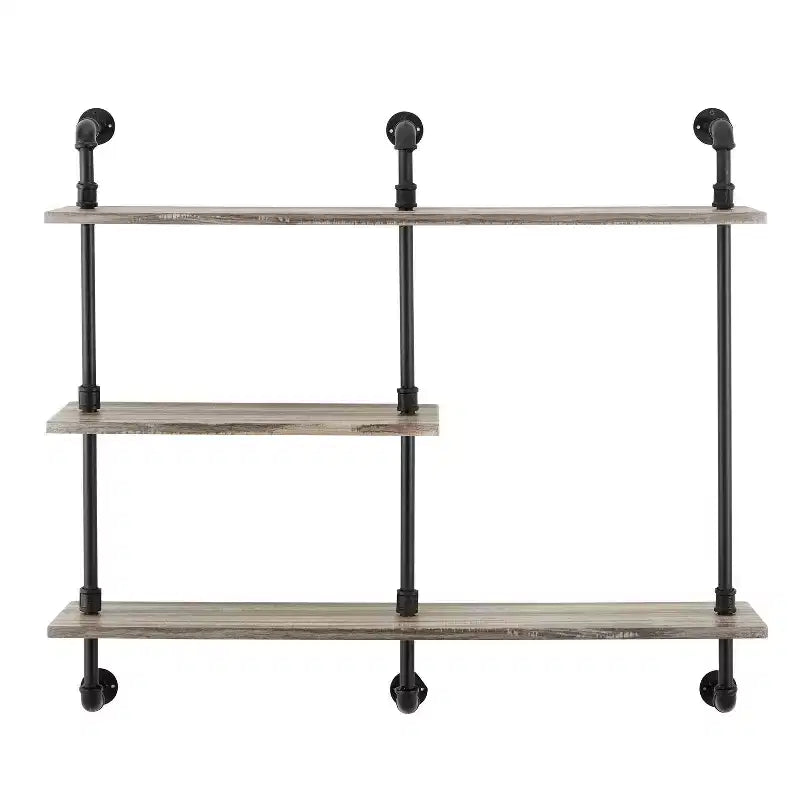 3-Tier Industrial Pipe Wall Shelf Unit, Black/Rustic, Iron Frame with Laminated Shelves