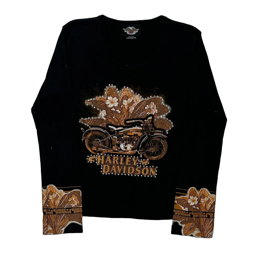 Motorcycle Graphic Long Sleeve T-Shirt Women's Black Floral Cotton Small