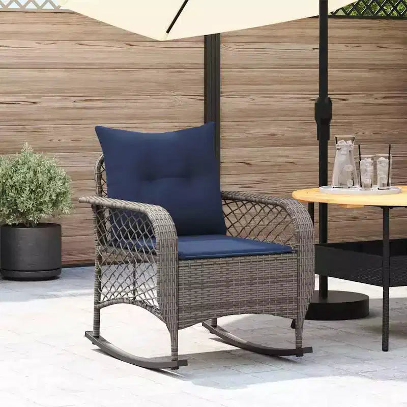 vidaXL Patio Rocking Chair with Cushions Gray Poly Rattan - Gray and Blue