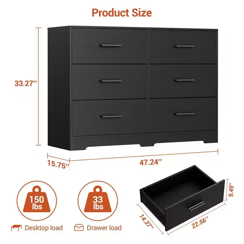 Dresser for Bedroom, Modern 6 Drawer Dresser for Bedroom, Wide Wood Chests of Drawers Storage with Metal Handle for Entryway, Hallway