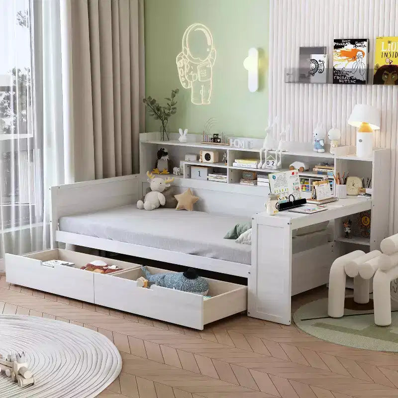 MAYEERTY Twin Size Bed with Storage Shelves Multifunctional Bed with Drawers and Study Desk Antique White