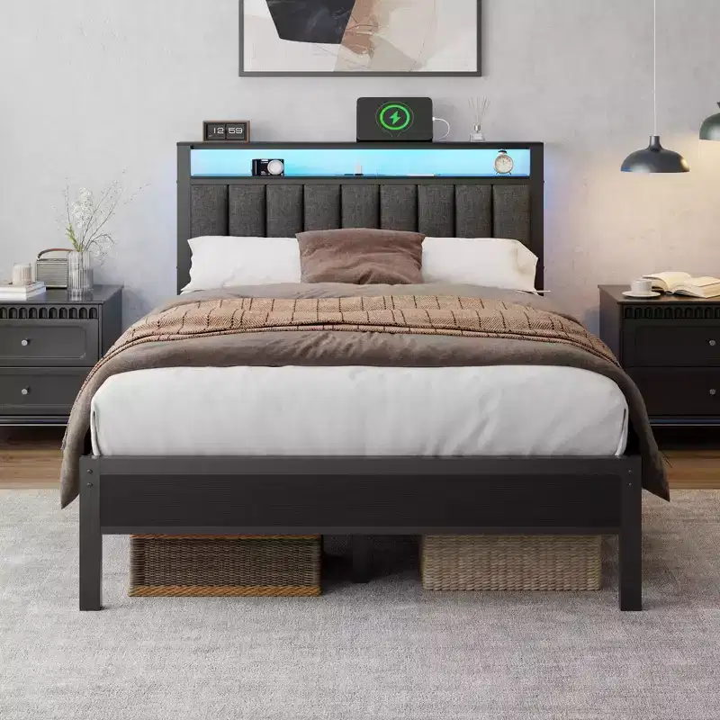 Full Size Platform Bed Frame LED Lights Charging Station Gray Upholstered Headboard Storage Shelves Modern Bedroom Furniture Kids Teens USB