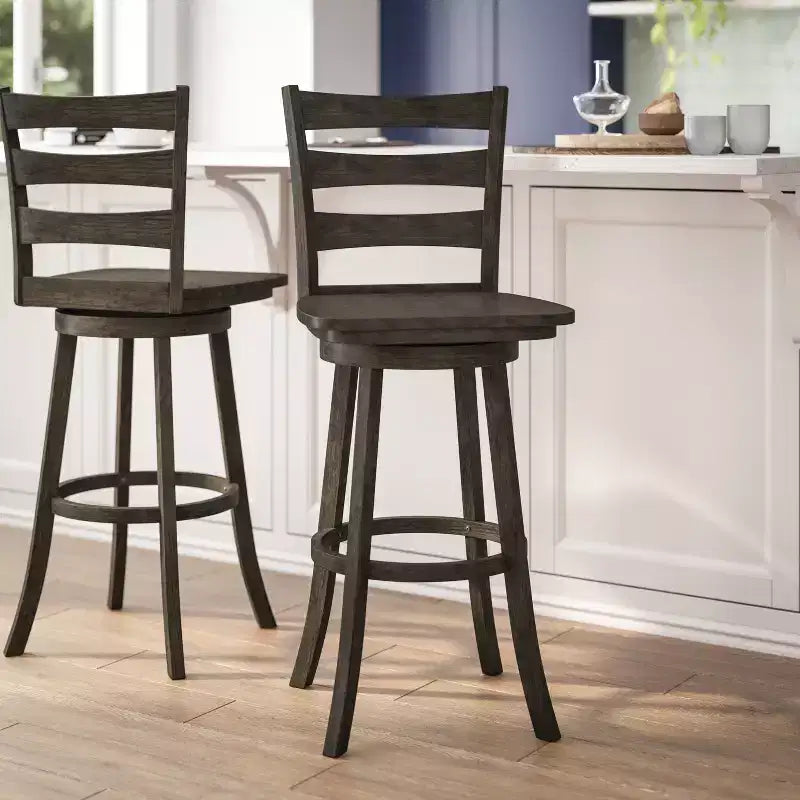 Flash Furniture Liesel Commercial Grade Wooden Classic Ladderback Swivel Bar Height Barstool with Solid Wood Seat