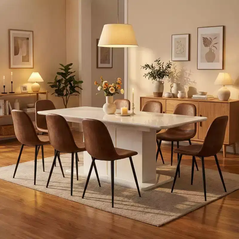 FurnitureR 7 Piece Dining Table Set for 6, Modern MDF Dining Table with 6 Suede Upholstered Chairs, Metal Legs Kitchen Dining Room Table Set for Home
