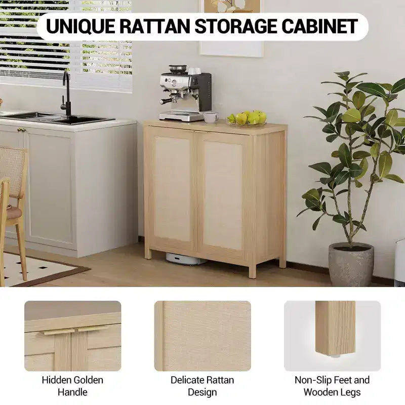 2 Piece Rattan Sideboard Buffet Cabinet, Freestanding Storage with Adjustable Shelves, Boho Credenza Coffee Bar for Kitchen/Living Room/Entryway