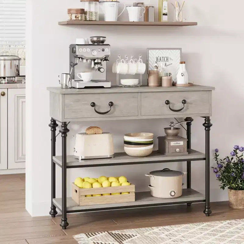Slim Console Table with 2 Drawers and Open Shelves, Brown