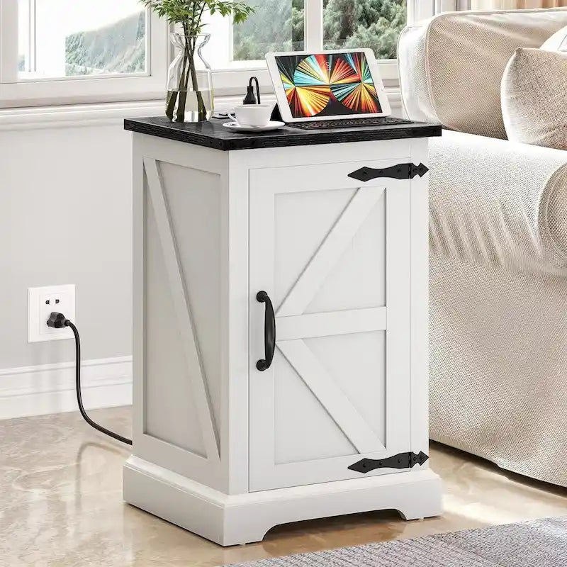 Farmhouse End Table with Charging Station & Adjustable Shelf