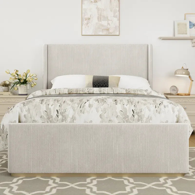 King Size Corduroy Upholstered Bed with 47 Wingback Headboard
