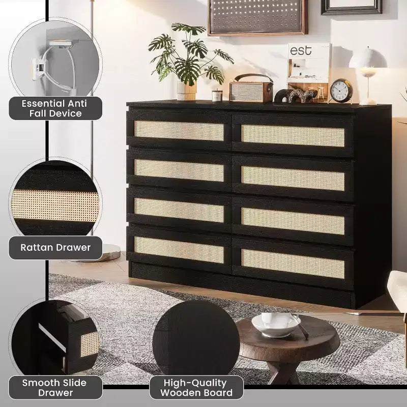 8-Drawer Rattan Dresser with Wide Tabletop