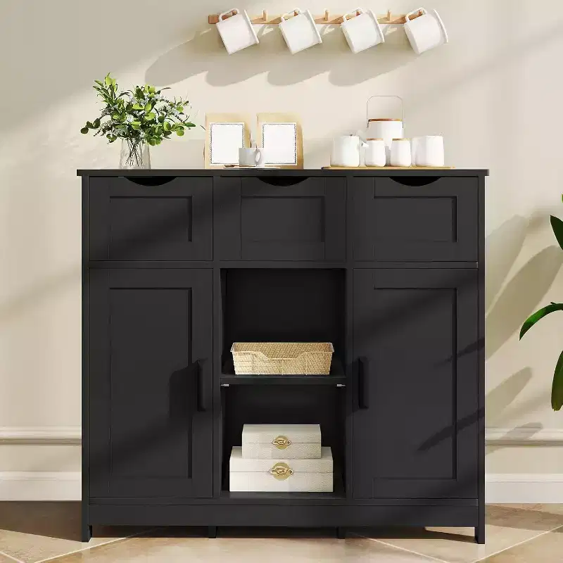 Farmhouse Sideboard Buffet Cabinet with Drawers & Adjustable Shelves – Black