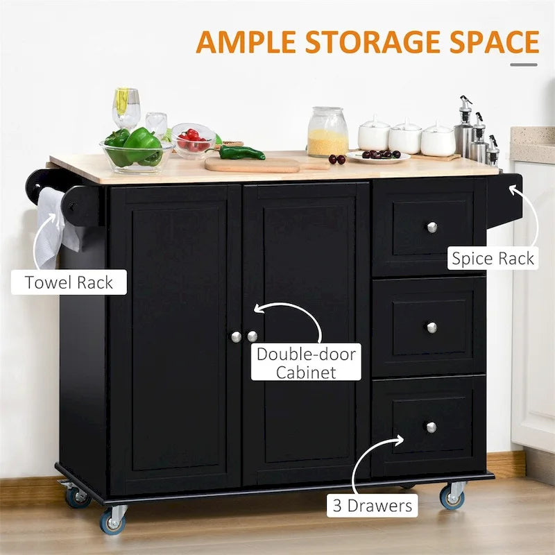 Black Rolling Kitchen Island with Drop-Leaf Top Three Drawers and Spice Rack