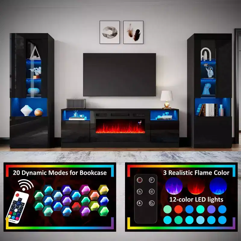 AMERLIFE Modern Highgloss Fireplace Entertainment Center Set
