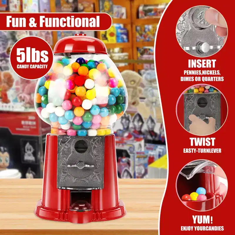 JVNOXK-5 Inch Commercial Red Bubble Gum Machine Stand, Key-Operated Free Candy Dispenser Bubble Gum Machine Coin-Operated Halloween Christmas Party