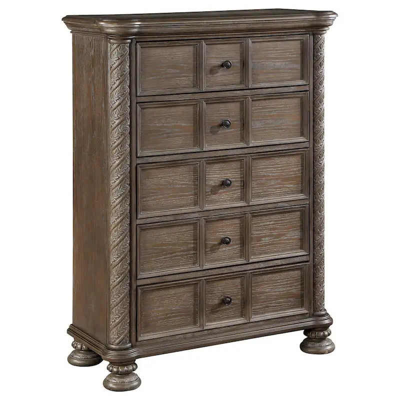 39-Inch Tall 5-Drawer Dresser Chest with Bun Feet �C Oak Brown Classic Style
