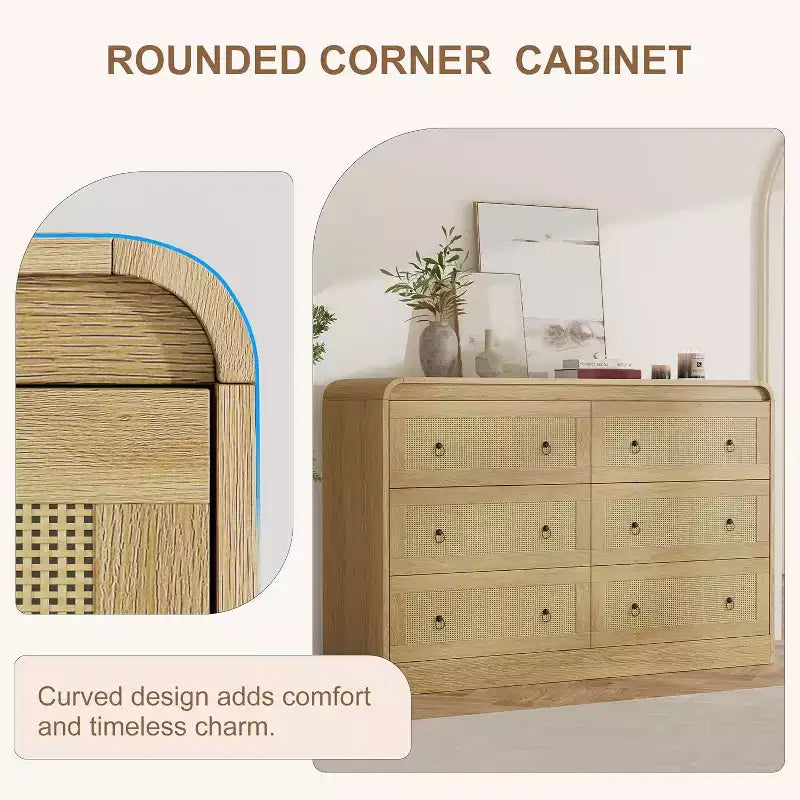 Acekool 6 Drawer Rattan Dresser Modern Chest of Drawers for Bedroom, Living Room & Hallway