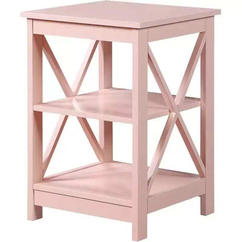 End Table with Three Open Shelves and Decorative X Frame Panels, Blush Pink, Storage Side Table for Living Room