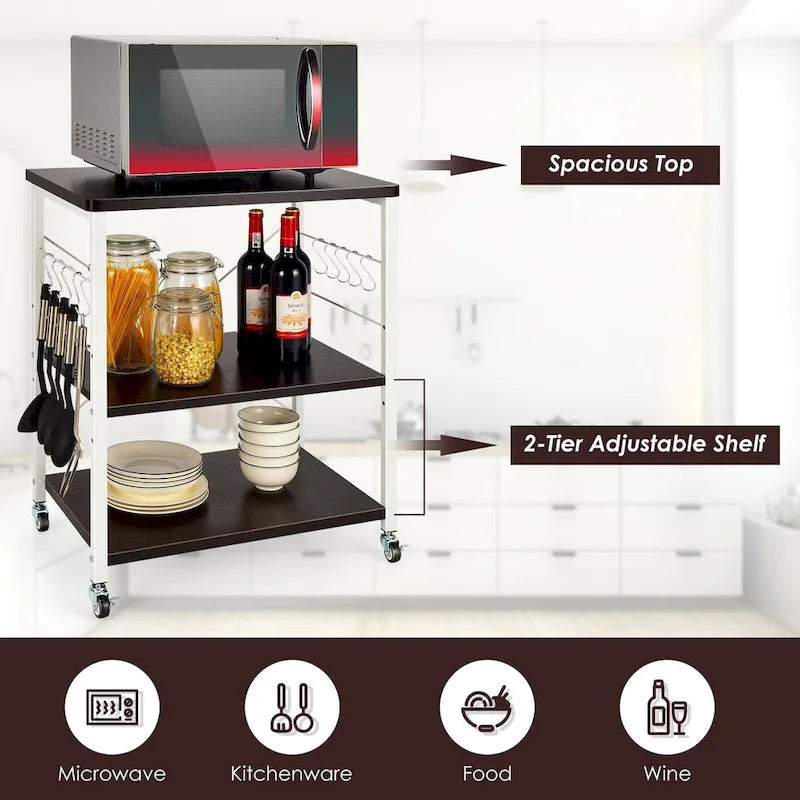 Rustic Brown 3-Tier Rolling Baker's Rack Microwave Cart with S-Hooks