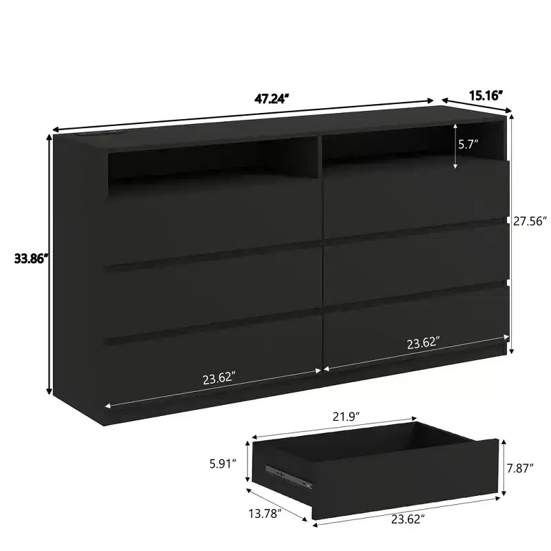 Dyonery 6 Drawer Led Dresser for Bedroom, 47 Wood Dresser Storage Organizer with Charging Station Dressers with Open Shelves,Chest of Drawers