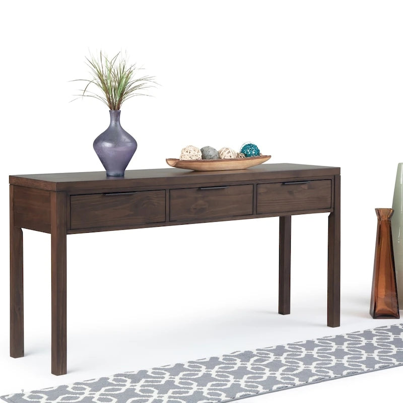 60-Inch Wide Solid Wood Contemporary 3-Drawer Console Table in Warm Walnut Brown