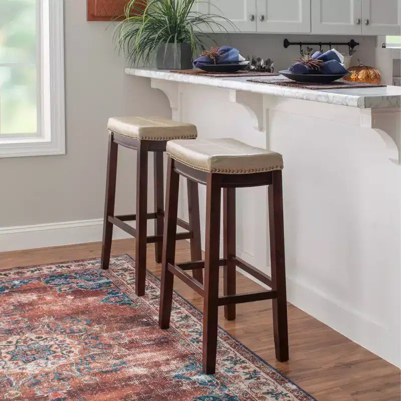 Set of 2 Faux Leather Barstools - Armless, Backless with Footrest, Fixed Height