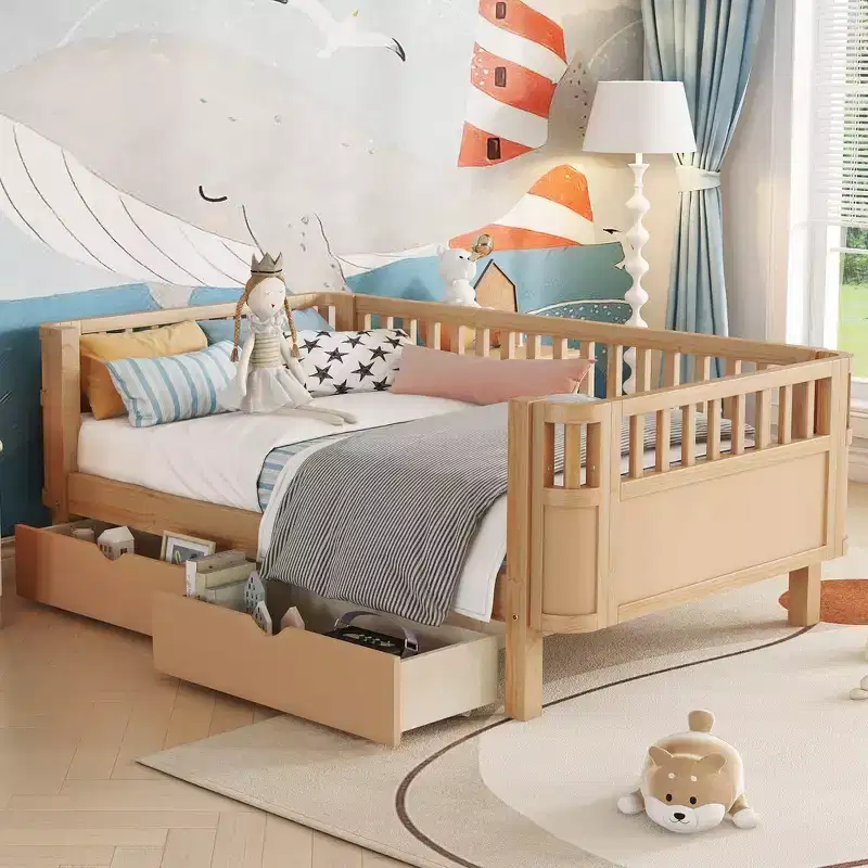 Whisen Modern and Elegant Twin Size Wood Platform Bed with Rails for Girls and Boys