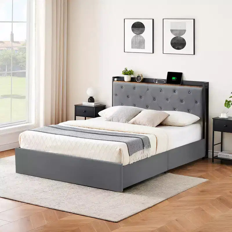 Queen Platform Bed Frame with 4 Storage Drawers and Headboard Shelf, Grey Velvet