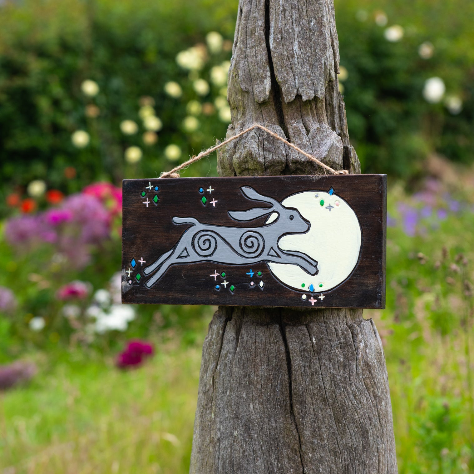 Moon Hare Painted Wood Sign