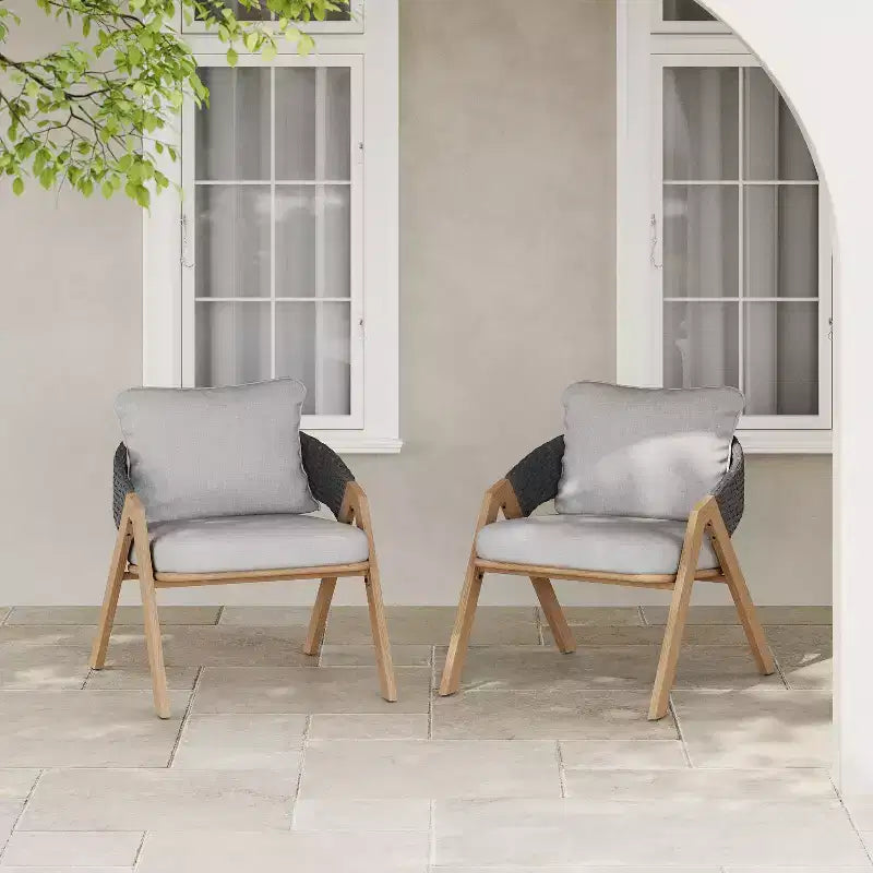 Christopher Knight Home Kaia Patio Modern Metal & Rattan Upholstered Accent Chairs with Faux Wood Finish (Set of 2)