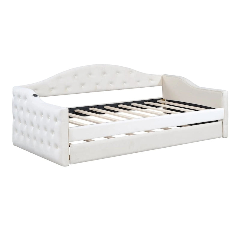 Twin Size Tufted Upholstered Daybed with Trundle �C Velvet Sofa Bed with USB & Type-C Charging Ports, No Box Spring Needed
