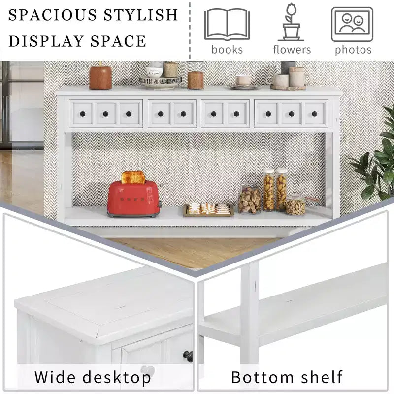 60 Rustic Console Table with 4 Drawers and Bottom Shelf, White