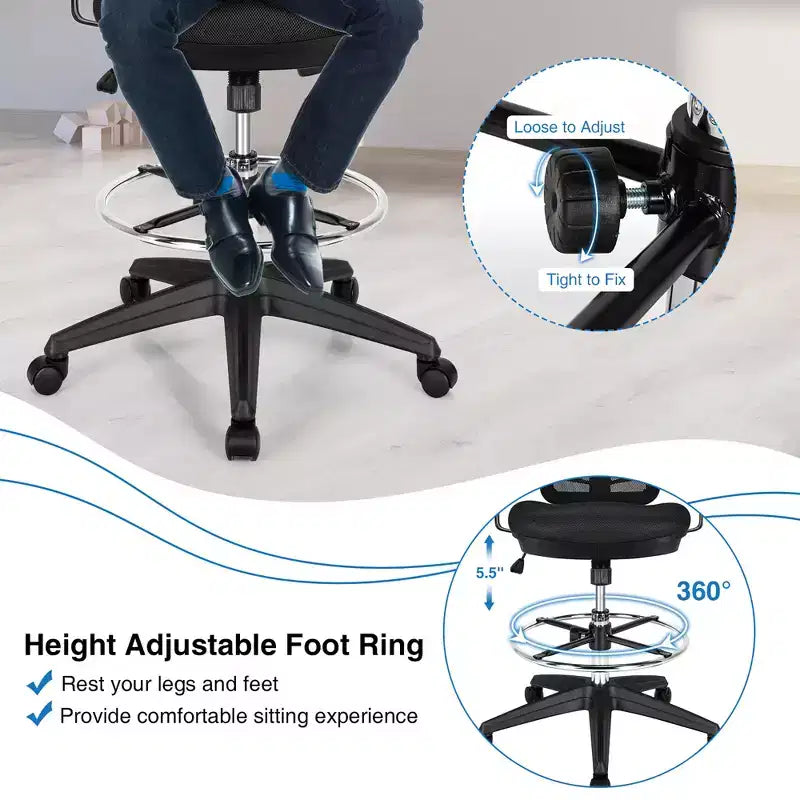 Mesh Drafting Chair with Adjustable Armrests & Foot-Ring