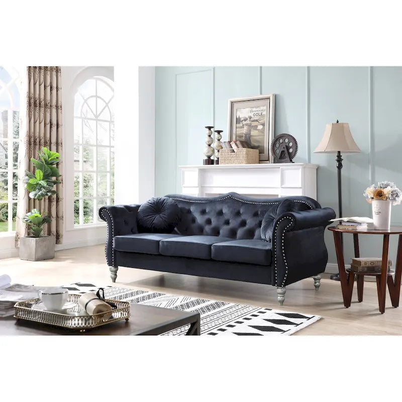 82 in. Velvet Chesterfield 3-Seater Sofa with Tufted Back and Nailhead Trim