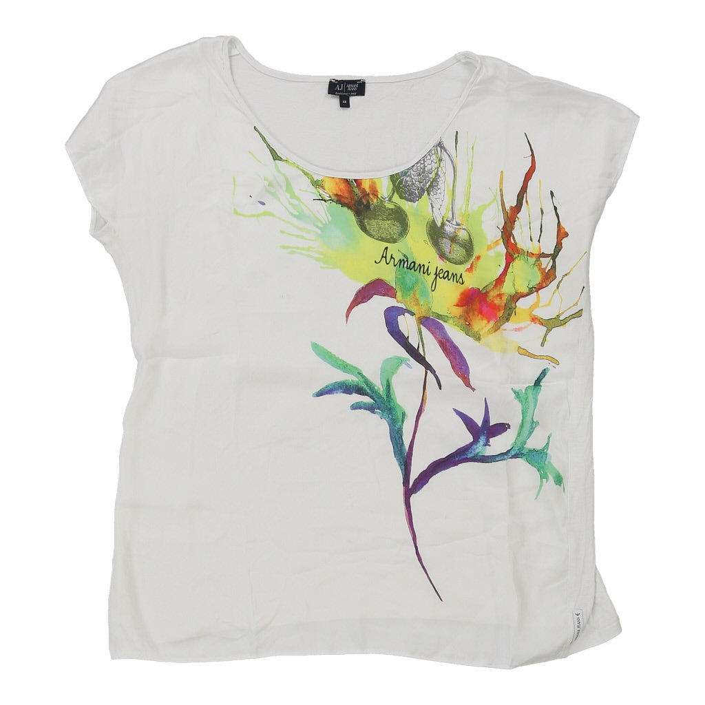 Floral Print Silk Blouse Women XL White Short Sleeve Top