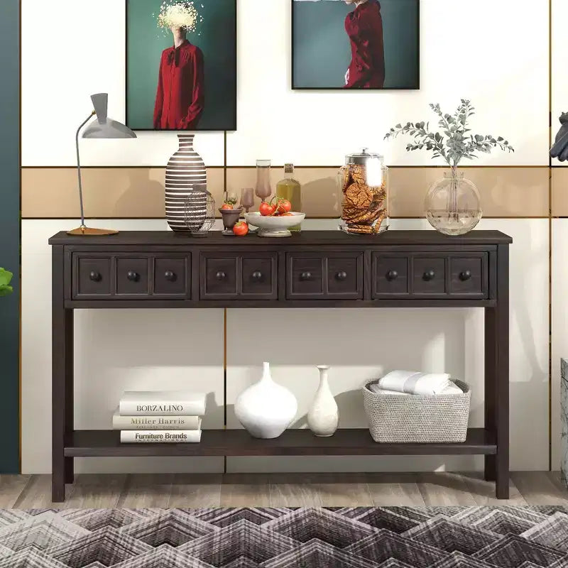 60 Rustic Console Table with 4 Drawers and Bottom Shelf, White