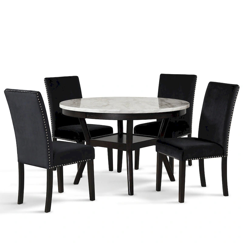 Round Dining Table with Faux Marble Top and Lower Shelf