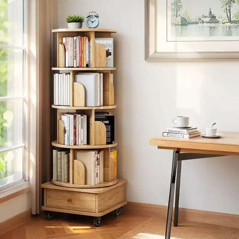 5-Tier 360�� Rotating Bookshelf Tower, Natural Wood