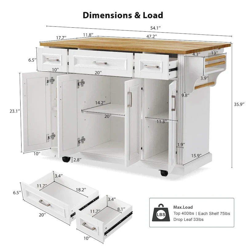Large Kitchen Island with Wood Drop Leaf, Embossed Texture Rolling Kitchen Cart wDoors and Drawers wStorage for Kitchen, White