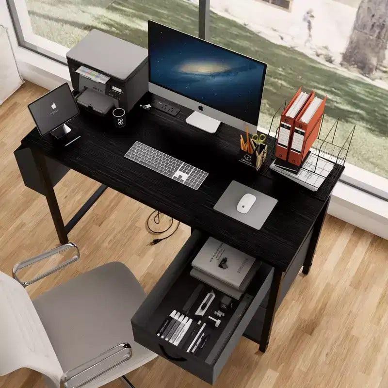 Modern Home Office Computer Desk with Drawers & Shelves, Writing Desk with Side Bag for Study & Office