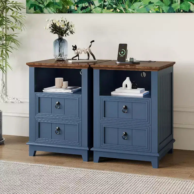 Compact Wooden End Table Small Bedside Table,Nightstand Set of 2 with Charging Station, 2 Drawers for Bedroom Living Room, Blue