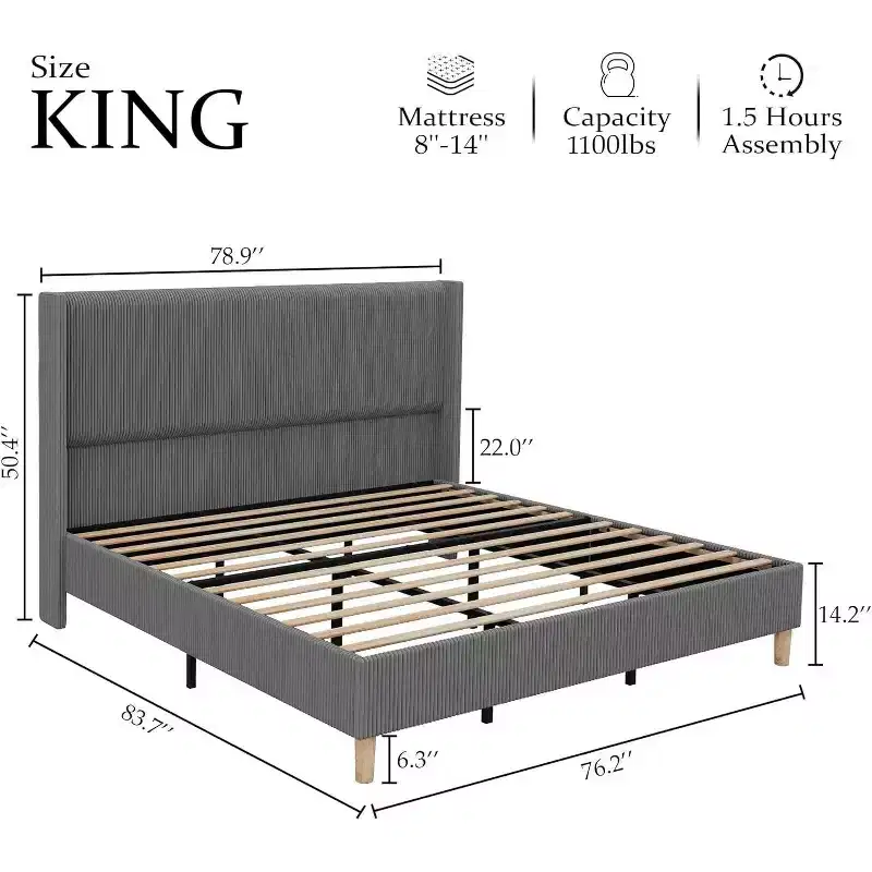 Full Size Upholstered Bed Frame, Corduroy Platform with Vertical Channel Tufted Wingback Headboard, Wood Slats, No Box Spring, Grey