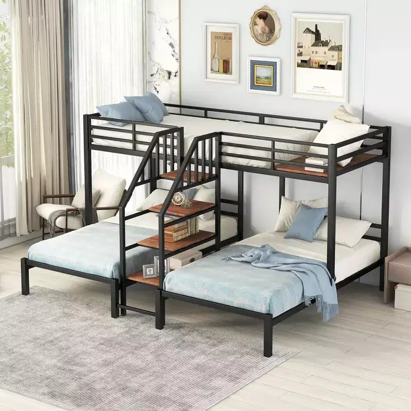 L-Shaped Triple Bunk Beds for 3 Kids, Twin over Twin and Twin Metal Bunk Bed Frame with Storage Shelves Staircase