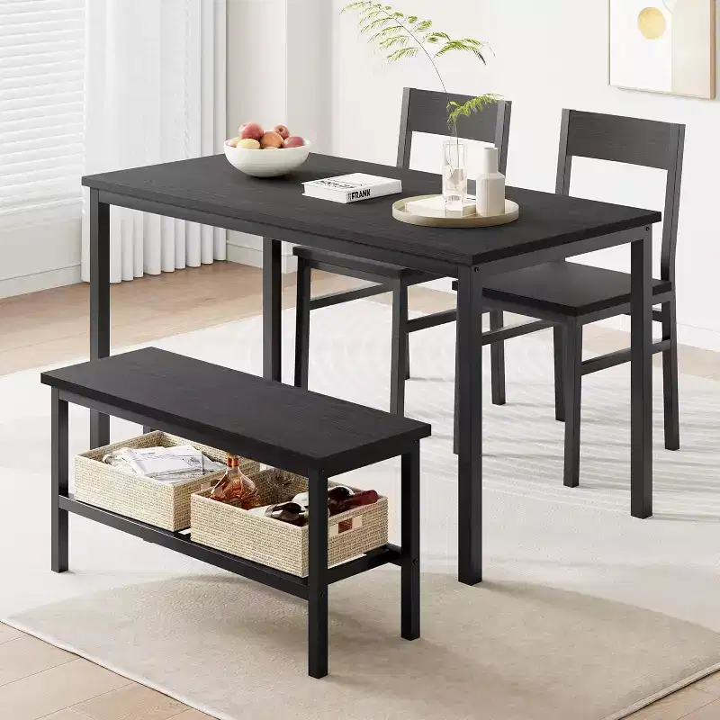 Dining Table Set for 4 with Chairs and Bench, Modern Kitchen Dining Table, Metal and Wood Design, for Small Apartments