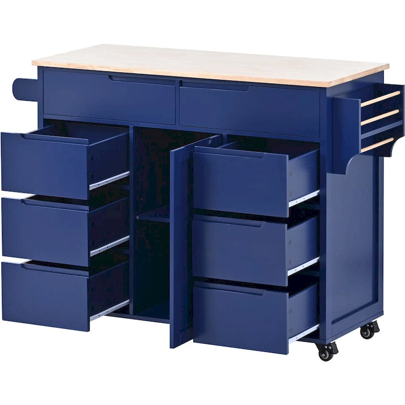 Rolling Kitchen Island Cart with 8 Handle-Free Drawers Rubberwood Top and Spice Rack