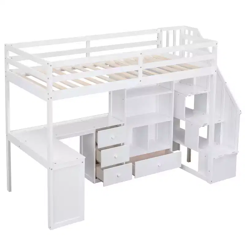 Twin Size Loft Bed with L-Shaped Desk, 3 Drawers, Cabinet, Staircase Storage, Solid Pine/MDF Build